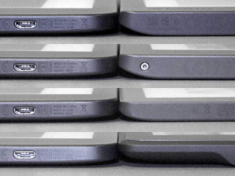 各端末との厚みの比較。左がいずれも本製品で、右は上から順に、Kobo Aura Edition 2、Kobo Aura H2O Edition 2、Kobo Aura ONE、Kindle Paperwhite。ベゼルに段差のないKobo Aura ONEがやや薄いことを除けば、厚みはどれもほぼ同様だ