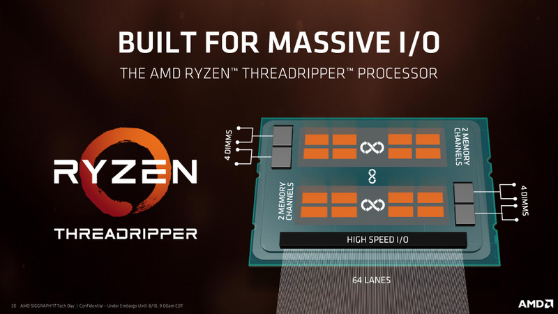 第1世代のRyzen Threadripperは、4メモリチャネルと64レーンのPCI Expressを備えている