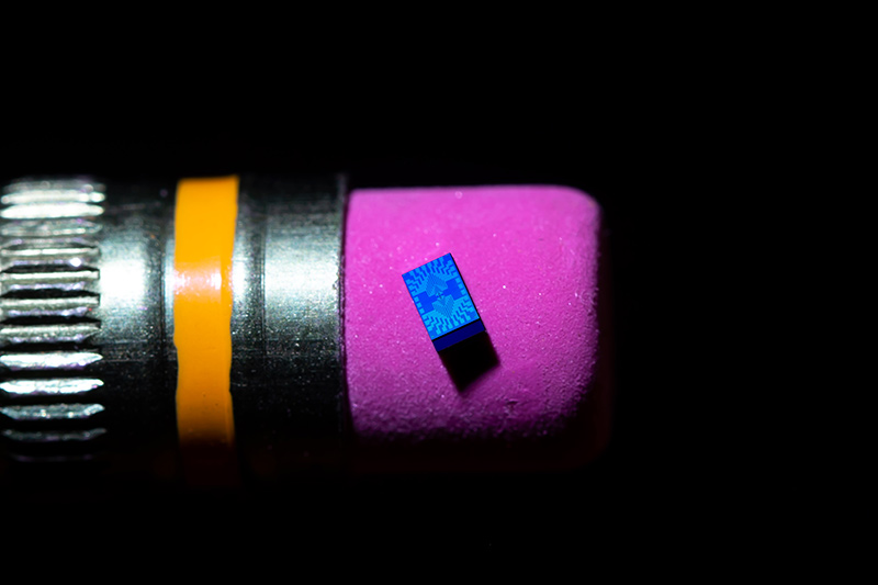 試作されたスピン量子ビットチップ。鉛筆の消しゴムより小さい