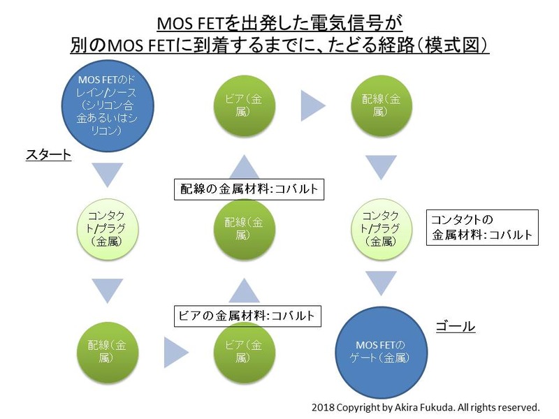 トランジスタ(MOS FET)を出発した電気信号が、別のトランジスタ(MOS FET)に到着するまで(模式図)。MOS FETのソース/ドレインからコンタクト、第1層金属配線と第2層金属配線を経由して別のトランジスタのゲートに至るまでの経路を図示した。コンタクト、ビア、配線の金属はいずれもコバルト。なお、製造装置ベンダーのApplied Materialは、最先端ロジック量産でのコバルト採用に備え、コバルト専用の成膜装置(PVD装置とCVD装置)や平坦化装置、アニール装置などを開発し、2018年6月5日に発表している