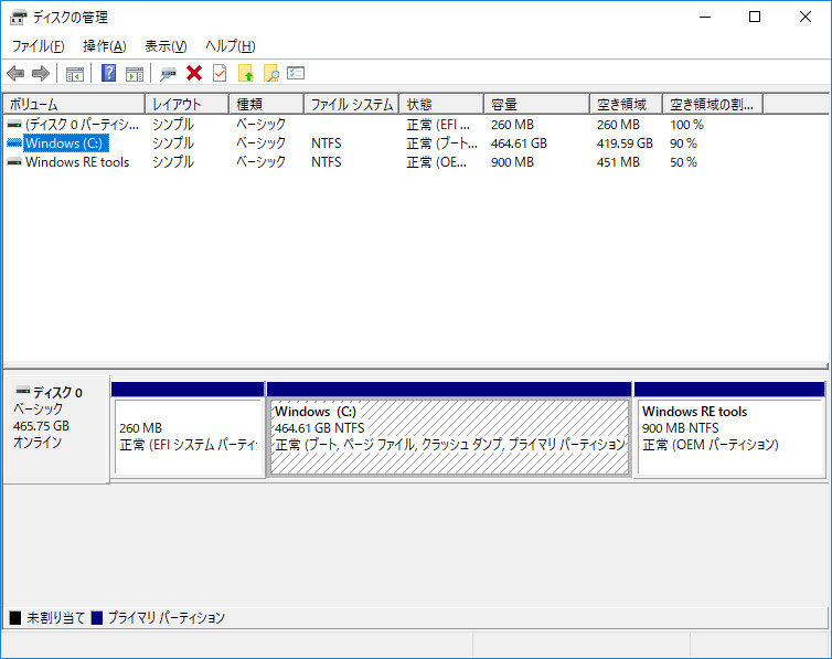 ストレージのパーティション。Cドライブのみの1パーティションで約464GBが割り当てられている