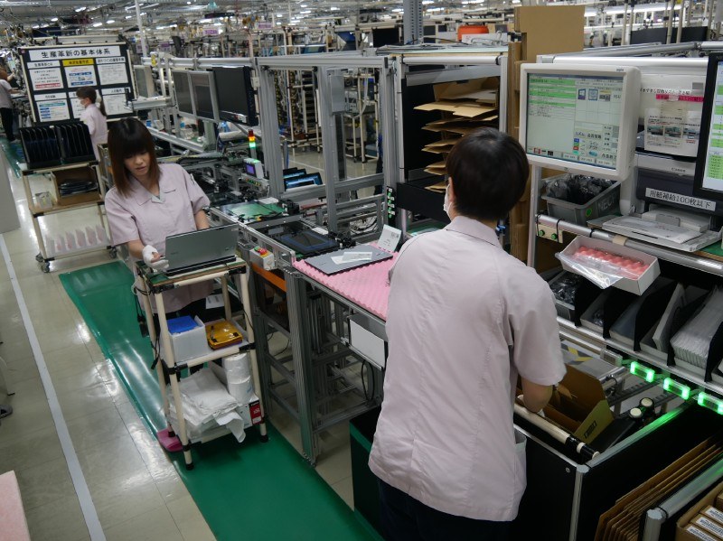 タブレットの自動組み立てライン。2人で生産できる