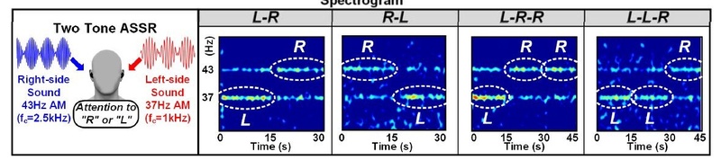 被験者が右側(R)あるいは左側(L)に意識を集中し、さらに意識する方向を切り換えたときの脳波信号の測定結果。横軸は時間(秒)、縦軸は周波数(Hz)。43Hzが右側(R)、37Hzが左側(L)に対応する。出典:VLSIシンポジウムの講演論文集