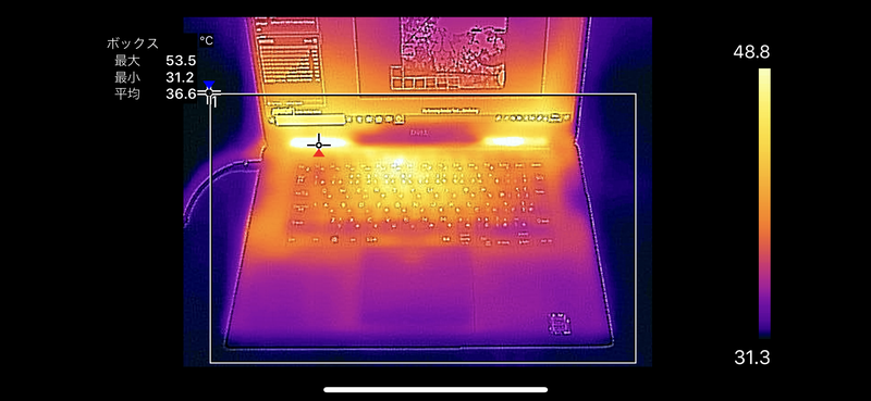 「CINEBENCH R15」の「CPU」を連続で5回実行したさいのキーボード面の最大温度は53.5℃