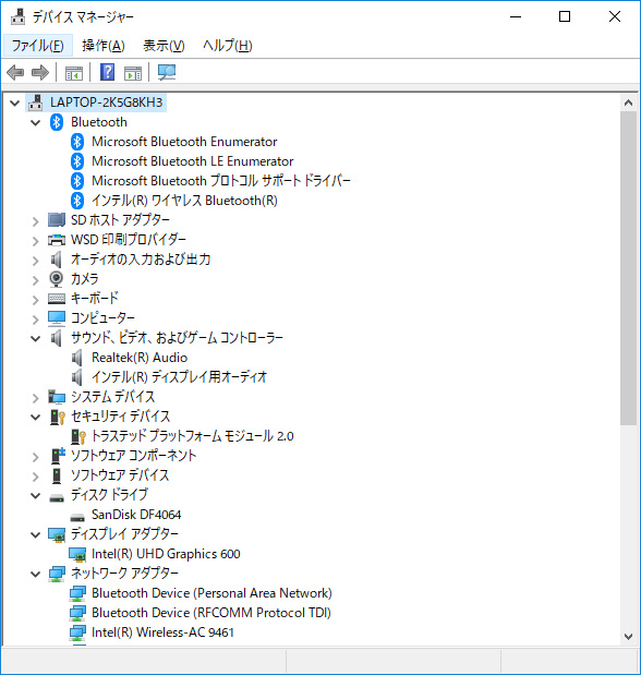 デバイスマネージャ/主要なデバイス。ストレージはeMMC 64GBの「SanDisk DF4064」。Wi-FiとBluetoothはIntel製