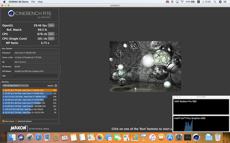eGPUが使われているかどうかは、「アクティビティモニタ」の「ウインドウ→GPUの履歴」から確認できる。「CINEBENCH R15」ではeGPUが使われないので、ベンチマーク実行後の「AMD Radeon Pro 580」のスペースにグラフが表示されていない