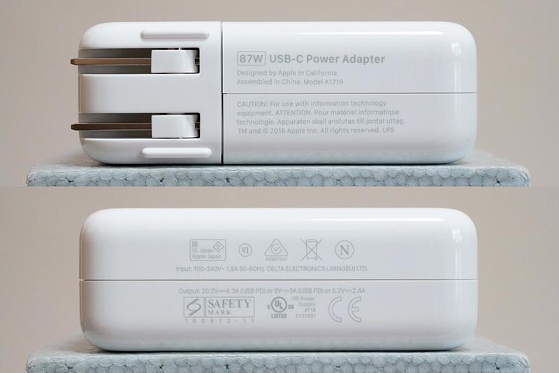 87W USB-C電源アダプタの仕様は、入力100-240V~1.5A、出力20.2V/4.3A、9V/3A、5.2V/3A、容量は87W