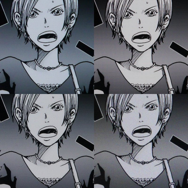 コミックの画質比較。サンプルにはうめ著「大東京トイボックス 1巻」を用いている。上段左が「P20 lite」(432ppi相当)、上段右が「ZenFone 5」(402ppi相当)、下段左が「U12+」(537ppi)、下段右が比較用の「ZenFone 3 Max」(282ppi)