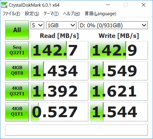 CドライブのNVMe SSD(左)と、DドライブのHDD(右)のCrystalDiskMarkのスコア