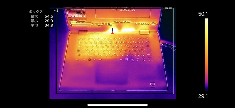 CINEBENCH R15のCPUを連続で5回実行したさいのキーボード面の最大温度は54.5℃