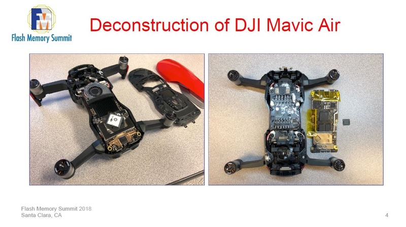 折りたたみ式のドローン「Mavic Air」を分解する様子。左はドローン本体の外装を取り外したところ。右はボードとeMMCカードを取り外したところ。DriveSaversがFMSで講演したスライドから