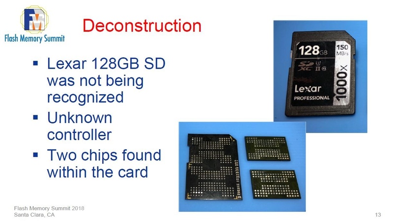 デジタルカメラの撮影データを格納していたSDカードの例。LexarのSDXCカードである。2枚のフラッシュメモリチップで128GBの記憶容量を実現していた。DriveSaversがFMSで講演したスライドから