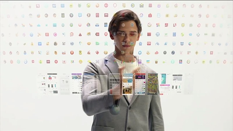 無限屏のイメージ。広大な仮想デスクトップのなかを、スマートフォン本体を移動させてコンテンツを探すイメージだ