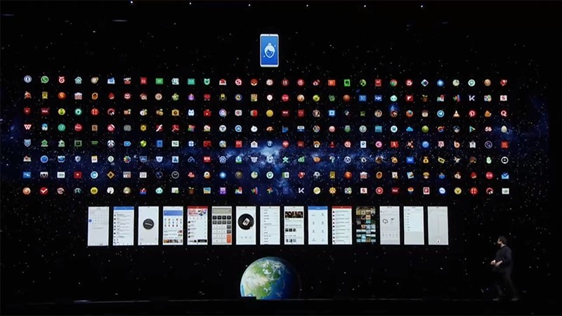 無限屏のイメージ。広大な仮想デスクトップのなかを、スマートフォン本体を移動させてコンテンツを探すイメージだ