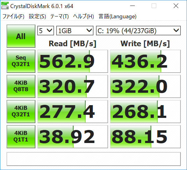 LEVEL-R03A-i7P-RNRに搭載されていた240GBのSSDの読み書き性能