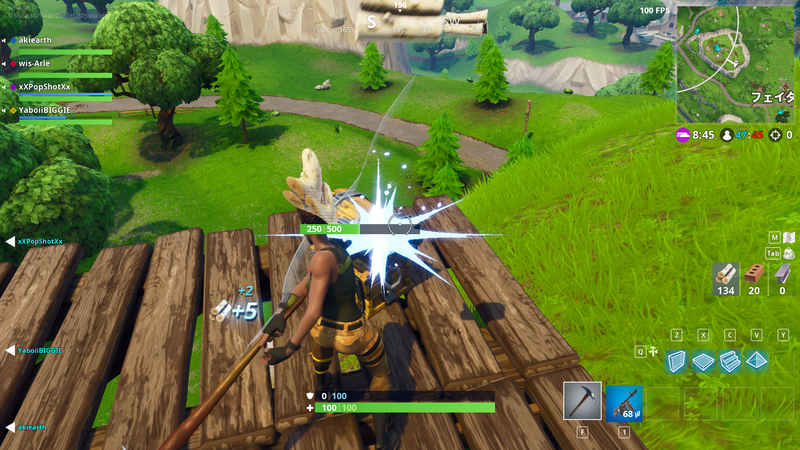 「Fortnite」のプレイ画面。ゲームスタート時など人が少ないシーンは最高画質でも100fps程度出る
