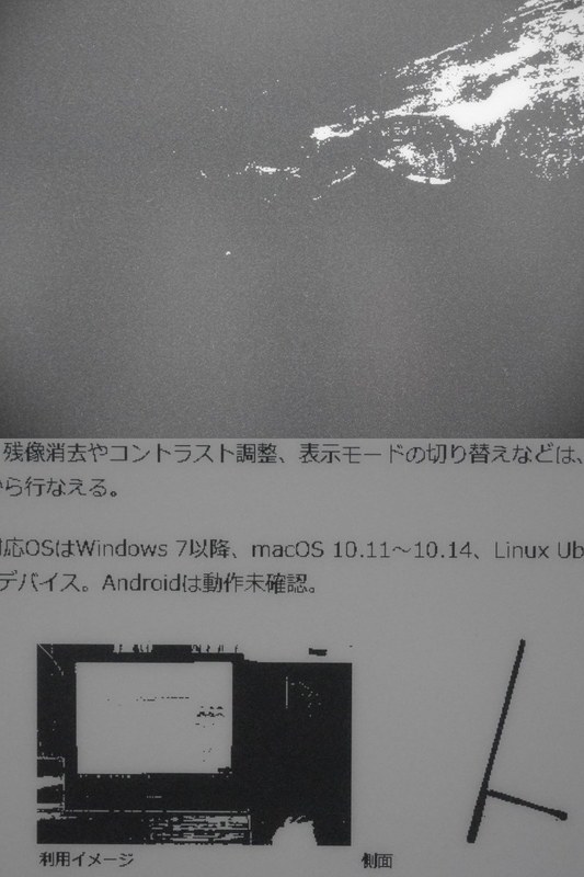 A2モード。完全な白黒2値で、写真内の人物も完全につぶれてしまっており視認できない。Webページもどこがリンクなのか判別できない