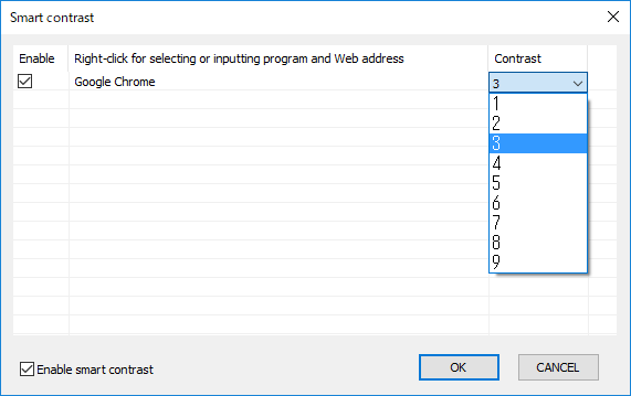 起動中のソフトごとに自動的にコントラストを切り替える、Smart contrast機能も用意されている。対象となるのはWindowsの「アプリと機能」に表示されるアプリだけで、インストーラを使わずに導入したソフトに使えないのがやや惜しい