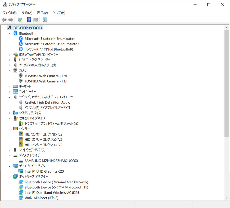 デバイスマネージャ/主要なデバイス。ストレージ256GB M.2 SSDのSAMSUNG「MZNLN256HAJQ」。Wi-FiとBluetoothはIntel製。手元に届いたのはSIM非対応モデル。前面と背面にそれぞれWebカメラ