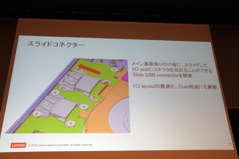 余談として、筐体は両端の隅が削られた形状を採用したため、基板の装着時にUSBポートが干渉。USBポートのコネクタにスライドで実装できる部品を開発することで難を逃れた