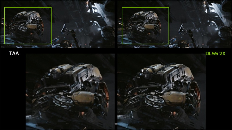 Tensorコアと深層学習を活用するDLSS。既存のTAAよりも精細感を損なわずにジャギーを除去できるとされている。利用にはTensorコアが必須であり、GeForce GTX 10 シリーズ以前のGPUでは利用できない