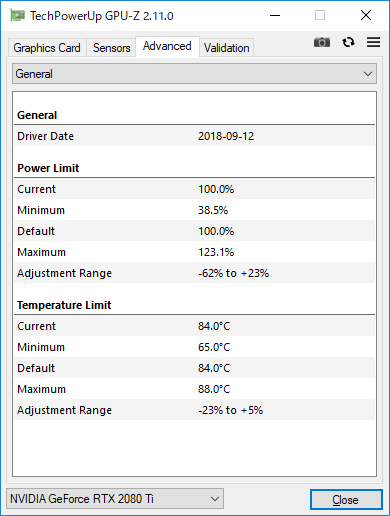 GeForce RTX 2080 Tiの温度ターゲット(Temperature Limit)の標準値は84℃