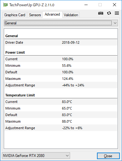 GeForce RTX 2080の温度ターゲット(Temperature Limit)の標準値は83℃