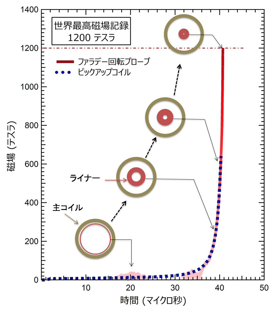 発生した磁場の時間変化とライナー収縮。内側のリングが時間とともに収縮するライナー断面の時間変化を示す。ライナーは初期磁場を閉じ込めたまま高速に収縮するため、最終的に直径10mm程度の小さな空間に強磁場が発生する。コンデンサから放電した時刻を0秒とし、コイル中心部の磁場をピックアップコイルによる電気的計測結果(破線)とファラデー回転による光学的計測結果(実線)を示す。両者がよく一致していることから、計測の信頼性が裏付けられる。40.7μ秒あたりで、最高強度の1,200テスラを記録している。