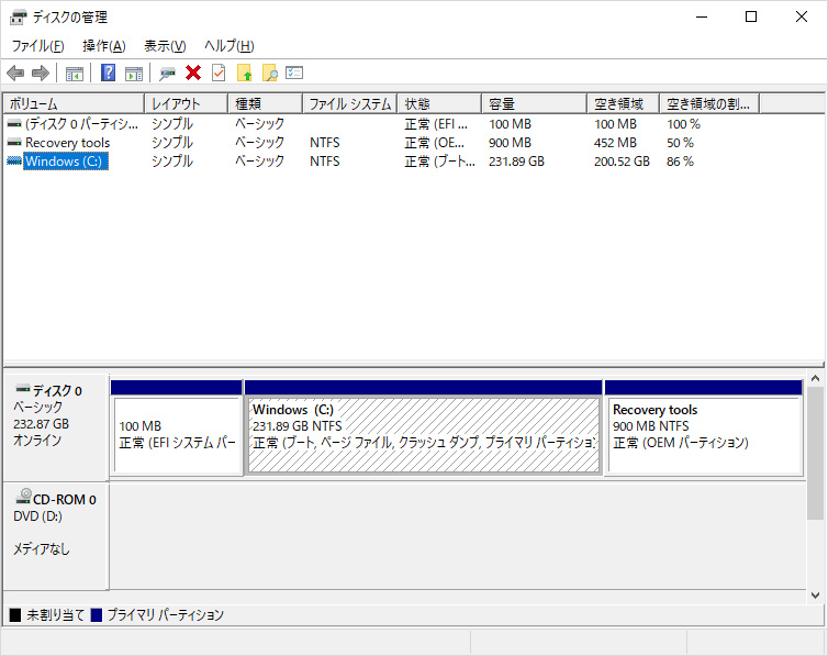 ストレージのパーティション。Cドライブのみの1パーティションで約約231.89GBが割り当てられている