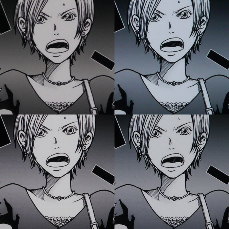 コミックの画質比較。サンプルにはうめ著「大東京トイボックス 1巻」を用いている。上段左が本製品(458ppi)、上段右が「P20 lite」(432ppi相当)、下段左が「ZenFone 5」(402ppi相当)、下段右が「U12+」(537ppi)