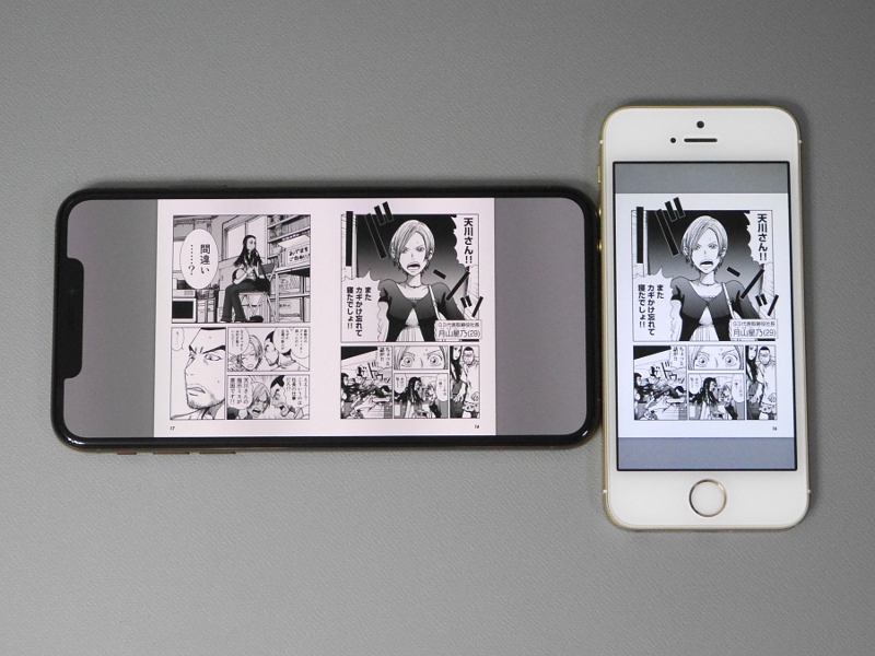 本製品で見開き表示を行なった状態を、iPhone SEの単ページ表示と比較したところ。iPhone SEにすらページサイズで負けており、やはり見開き表示は実用性の点で厳しいようだ