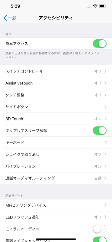 簡易アクセス機能は「設定」→「一般」→「アクセシビリティ」→「簡易アクセス」で有効化できる