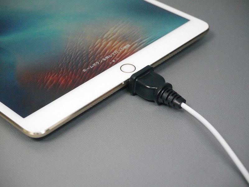 iPad Pro 10.5に装着したところ。ホームボタンのあるモデルに装着したほうが違和感があって楽しい。順にコンセント、ミニD-Sub15ピン、RCAケーブル