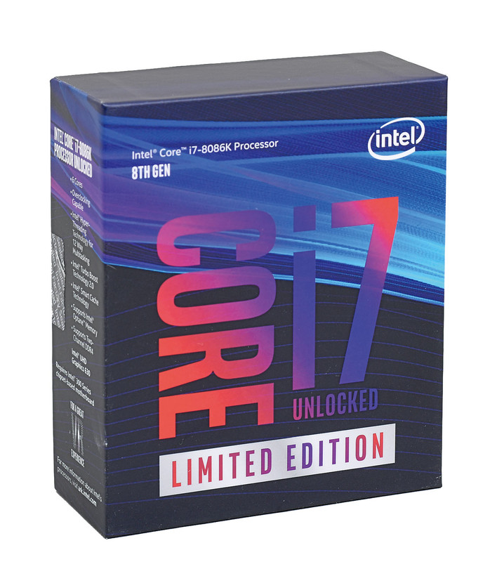 Core i7-8086K Limited Edition。Intel創業50周年、x86アーキテクチャの40周年を祝うアニバーサリーモデル。Intelのコンシューマ向けCPUとして初の5GHz動作(Turbo Boost、1コアアクティブ時)するCPUでもある
