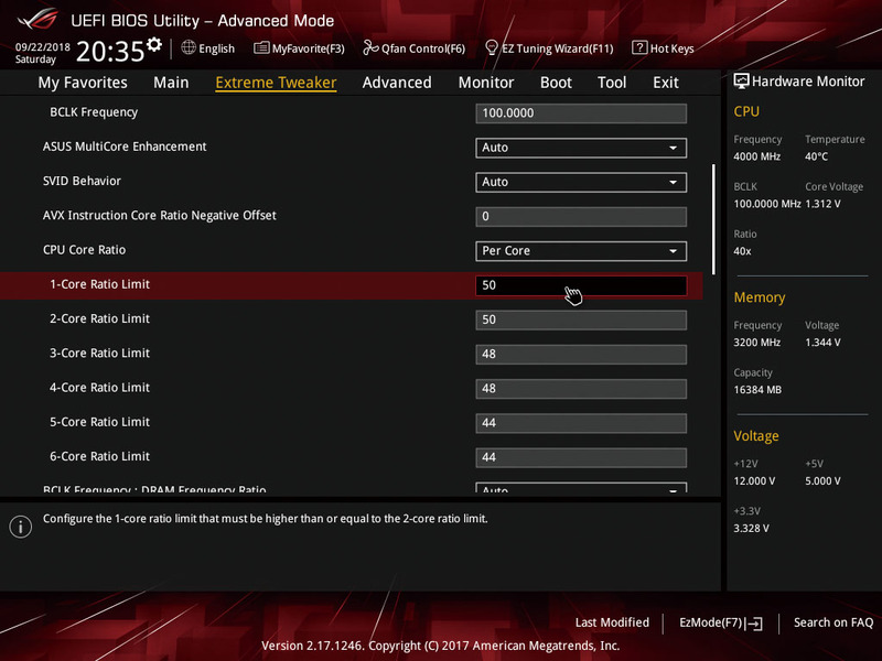 8086Kの性能を引き出すため、少しだけTurbo Boostの設定をカスタム。アクティブコア別の周波数を50-50-48-48-44-44に設定し、5GHz動作する状況を増やした。TDP上限は105Wとした