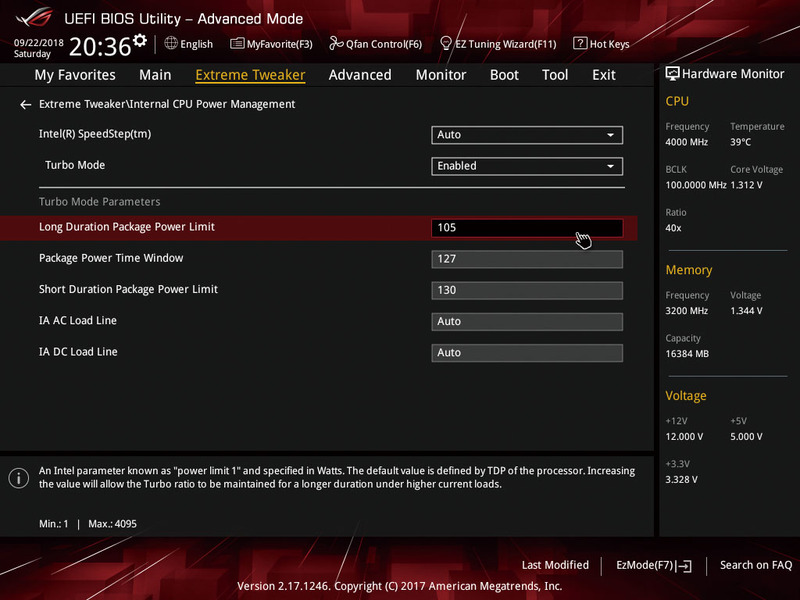 8086Kの性能を引き出すため、少しだけTurbo Boostの設定をカスタム。アクティブコア別の周波数を50-50-48-48-44-44に設定し、5GHz動作する状況を増やした。TDP上限は105Wとした