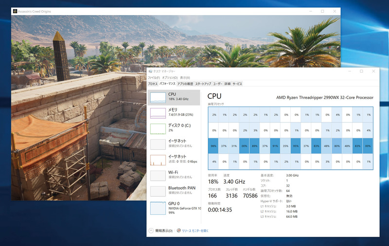 アサシン クリード オリジンズ実行中のCPU占有率。物理4コアCPUではかなりキツめなのだが、2990WXにしても結局はコアを余らせるのみ。ゲームには向かないようだ