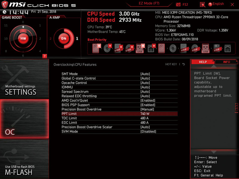 UEFIでPrecision Boost Overdriveを有効化。さらに、PPT Limitを740W、TDCとEDC Limitを480Aに設定すると、全コア3.4～3.6GHzで動作させることが可能となった