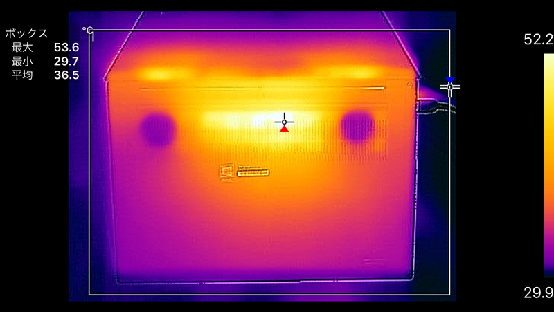 底面の最大温度は53.6℃。ただしこれは吸気口から見える基板上の表面温度だ