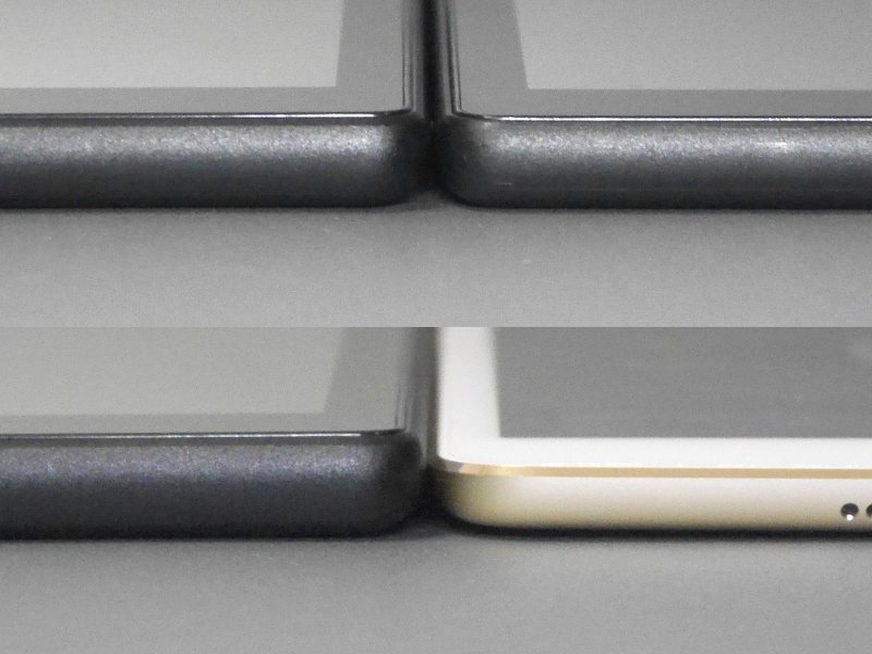 厚みの比較。いずれも左側が本製品、右上は第7世代モデル、右下はiPad mini 4。決して薄型とは言えない厚みだ