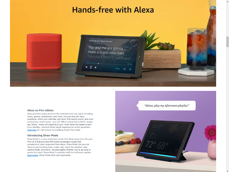 米Amazon.com上の製品ページ。「Hands-Free with Alexa」という見出しで、Echo Showのように使える「Showモード」への対応を大きくアピールしており、タブレットまわりの機能の紹介は後回しになっている