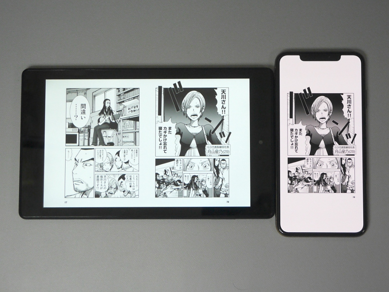 本製品を横向きにして見開き表示にしても、1ページのサイズは本製品のほうがなお大きい