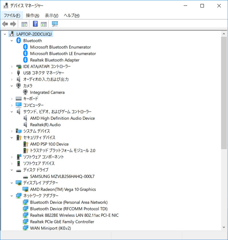 デバイスマネージャ/主要なデバイス。ストレージはNVMe M.2 SSD 256GBのSAMSUNG「MZVLB256HAHQ」。Gigabit Ethernet、Wi-Fi、BluetoothすべてRealtek製