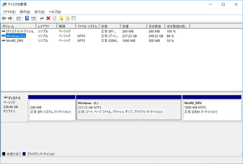 C:ドライブのみの1パーティションで約237GBが割り当てられている