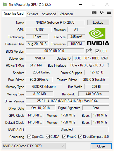 GeForce RTX 2070のGPU-Z実行画面