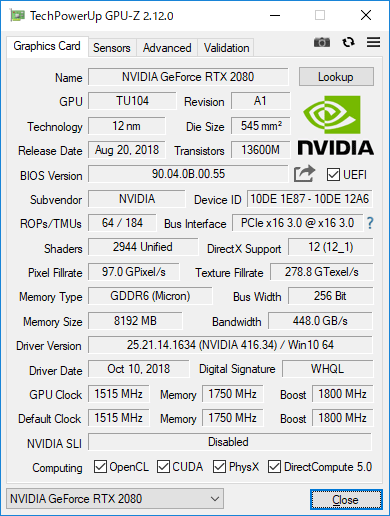 GeForce RTX 2080 Founders EditionのGPU-Z実行画面