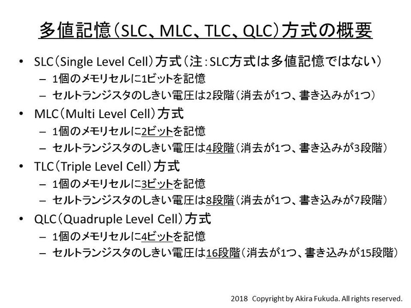 多値記憶方式の概要。MLC、TLC、QLCの3種類の多値記憶技術が実用化されている