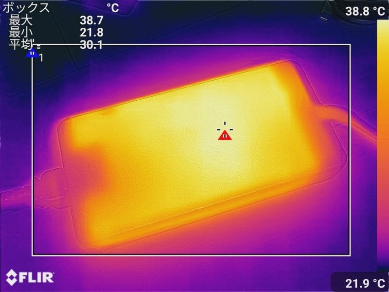 ACアダプタの表面温度は38.7℃と低め。ホコリやケーブルの取り回しには注意するべきだが、設置場所はそれほど神経質にならなくてもよさそうだ