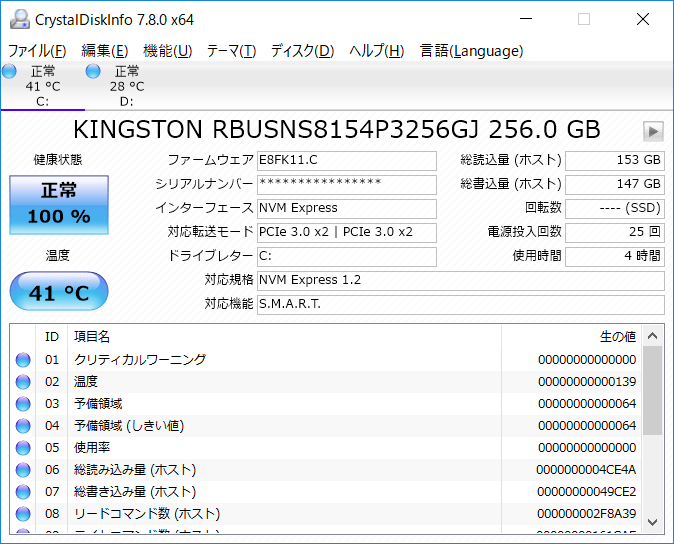 CrystalDiskInfoから見たCドライブのNVMe SSD(左)とDドライブのSSHD(右)