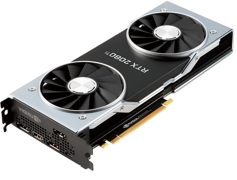 NVIDIA GeForce RTX 2080 Ti Founders Edition。NVIDIA新世代のフラグシップ。リアルタイムレイトレーシング、DLSSなど新しい要素を満載。高速ビデオメモリの導入で4K解像度でのプレイにも強い